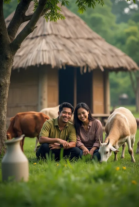 realistic portrait of a young Indonesian husband and wife wearing casual clothes, seen herding goats, there are many cow in the yard where there is grass, eating the grass, husband and wife sitting near the goats while leaning against a tree, looking forwa...