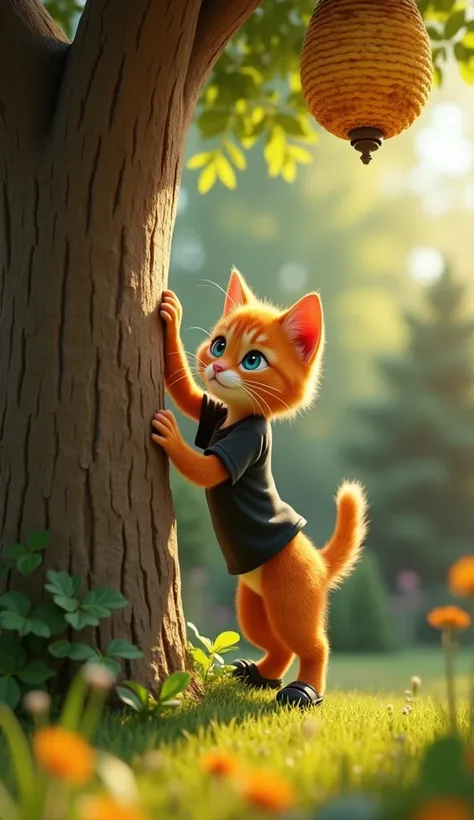 Max, a one-year-old male kitten, orange fur, big blue eyes, determined expression, wearing a black t-shirt, pants and black shoes, climbs a tree trunk with one paw toward a beehive hanging from a branch.  is   Bella, a 16-year-old female cat, orange fur, n...