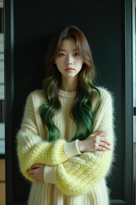 For the cinematic character of a beautiful Korean girl, long emo brown hair with bright green highlights, wearing a soft, furry knitted sweater in cream with yellow gradients that reaches her thighs. She has very big breasts with a size of 1:9, plump breas...