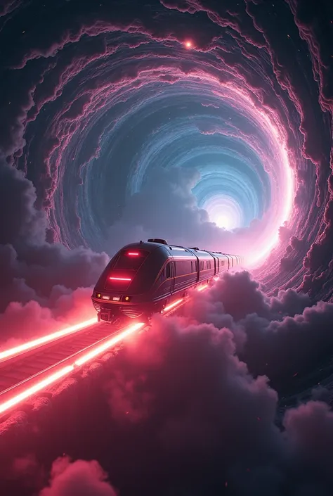 science-fiction, realistic. glowing shadow of cyber-punk train flying in the cosmic space coming from the spirally black hole covered with spiral fog and space smoke, very spirally  and dynamically and breaking many layers of the dimension, with many beaut...