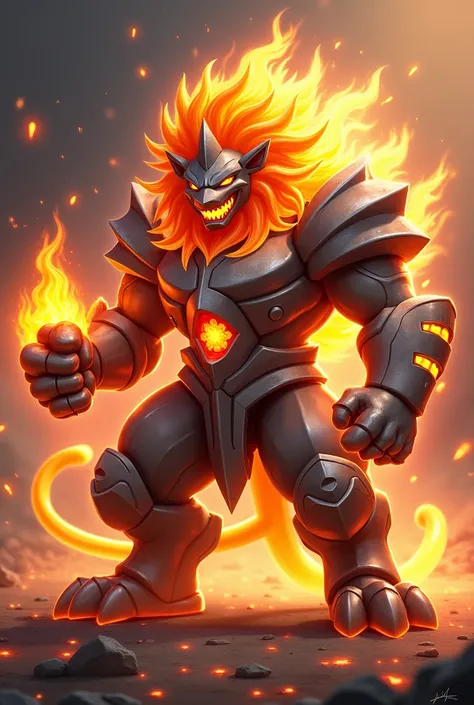 Pyrold is a lion-like Pokémon with a metallic, armor-plated body glowing with molten heat. Its mane resembles a blazing forge, with flames flickering between sharp, steel-like strands. Its claws and fangs shine like polished metal, and its tail ends in a g...