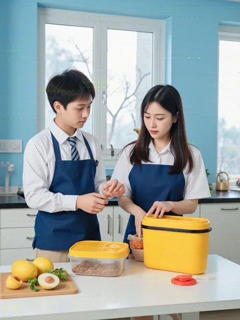 an Asian mother with long black hair wearing a blue apron is making a yellow rens lunch box with her son who is wearing a school uniform with a tie in a minimalist blue kitchen with minimalist properties and windows that emit sunlight