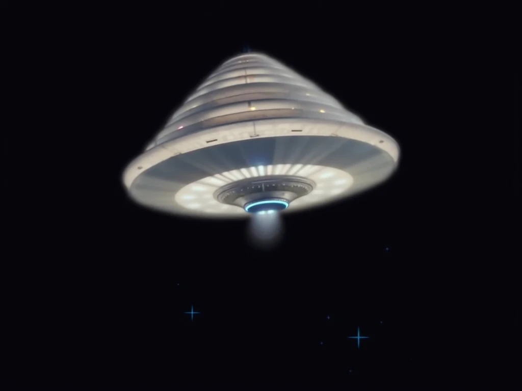 A conical spaceship with several floors, windows, lights. Floating in outer space. 8K. High quality. Cinematic.