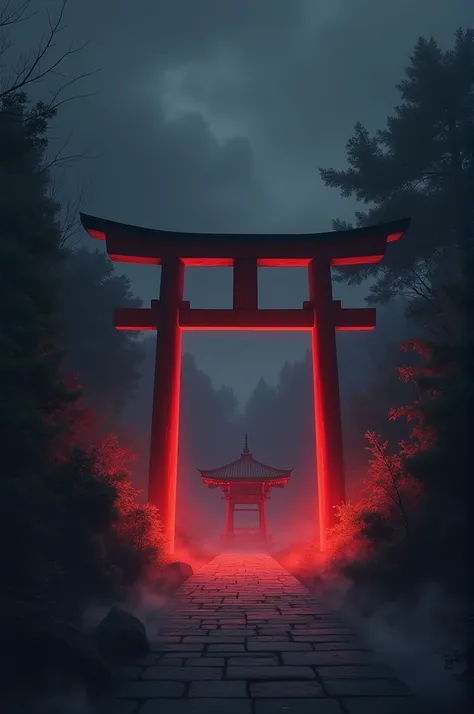 The image is a digital illustration of a traditional Japanese torii gate. The gate is made of red wood and is in the center of the image. It is flanked by two tall pillars that are lit up with red lights. The pillars are tall and slender, and the gate is s...