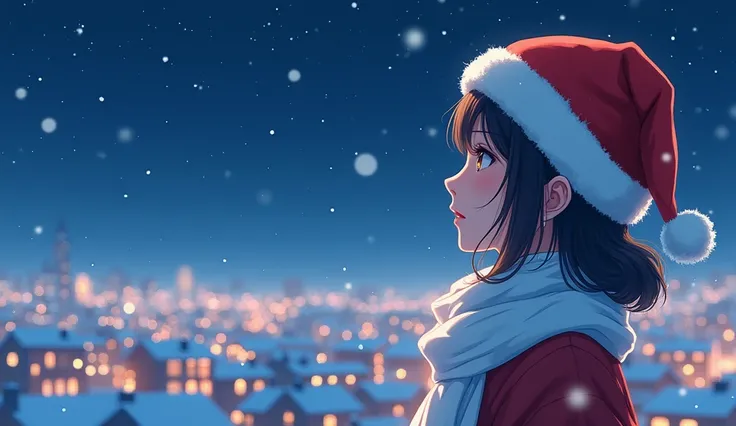 Side view of a beautiful young Japanese woman in a white scarf and Santa Claus hat staring at the starry sky above the 、In the snow、 Christmas illuminated cityscape。