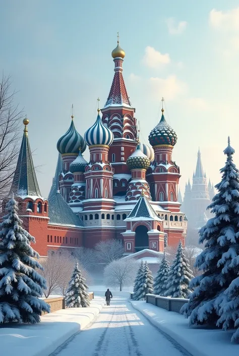 Create a landscape of Moscow and make the Kremlin look like a castle between snow and city