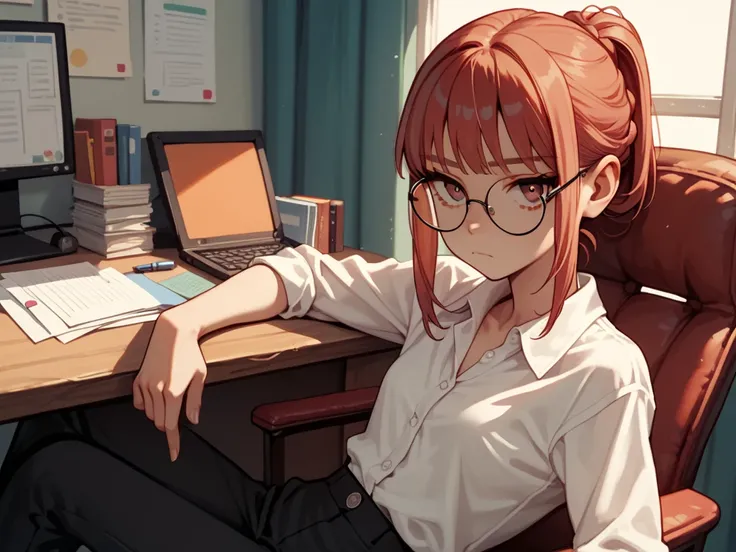 makima,brown eye,half closed eye,round face,glasses.skinny,red Loose ponytail,Bewildered face,looking at viewer,sit on chair,office,flat breast,white shirt,black pants,