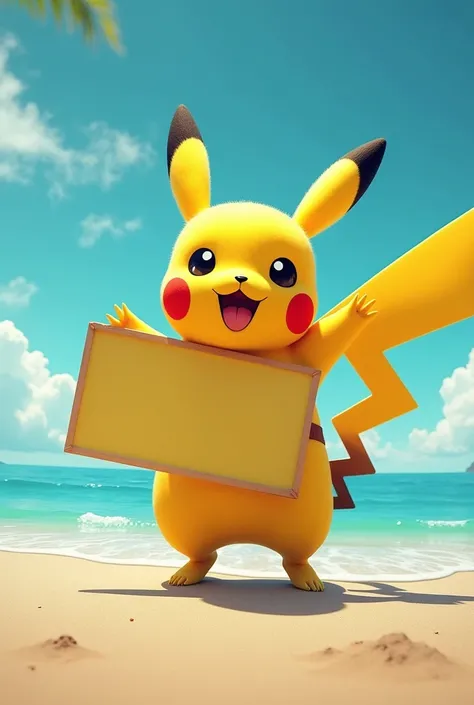 There is Pikachu from Cyberpunk ,  extremely detailed, Adorable, Cute,  bright color, Warm lighting, photo realistic , 8k,  high definition , masterpiece,  Dynamic Poses ,  Beach Scene,  With the sea in the background ,  sandy beach,  blue sky,  White Clou...