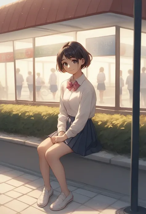 score_9, score_8_up, score_7_up, score_6_up, score_5_up, score_4_up, BREAK source_anime,1girl, cute, solo, beautiful sky, sidewalk cafe, morning, sitting, dating, smile, collared shirt, bowtie, pleated skirt, short hair, floating hair