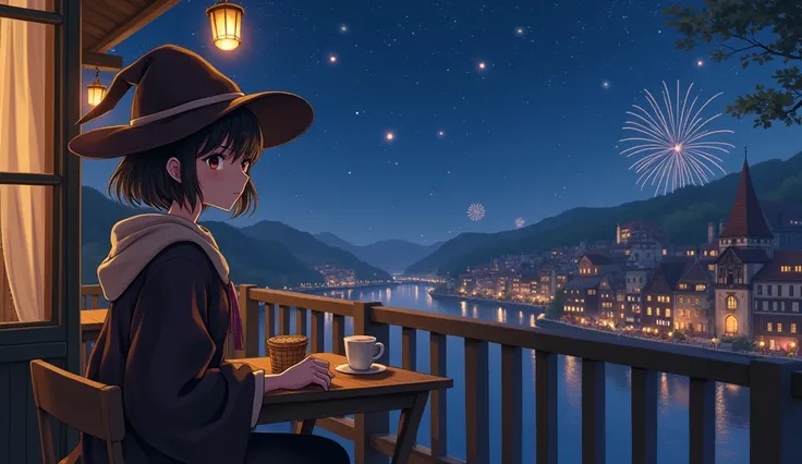 8k、 high school girl、 mature、smile、 Looking Back、 dark brown robe、Three-cornered hat、 medieval Europe with wooden basket、 Another World、Cafe、 Wood Deck 、sit、ホットCafeオレ、night、Town view、Water City、 starry sky 、firework、 romantic、 glitter、Anime 2D Style、Lo-Fi、...