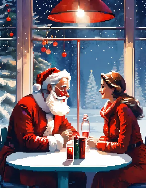 A Santa Claus and a woman sitting facing each other at a table, intimacy, Intimate closeness, Chic colors. vector Art, Christmas Background, Stamp Art. Inspired by Jan Zrzavý art, by Robert Peak, by Leonard Long, by Paul Mavrides. Retro vibes drawing, Pasc...