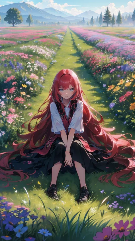 (masterpiece: 1.2), ( very detailed with crimson hair: 1.2), ( very detailed with crimson hair CG: 1.2), ( high image quality: 1.2), (最 high image quality), 8k,  Animated Illustration ,  girl with a slightly sad expression is sitting in a field of flowers, A butterfly 々View、((There&#39;Butterflies on my fingers 々))、Butterflies fluttering々dance、Beautiful work
