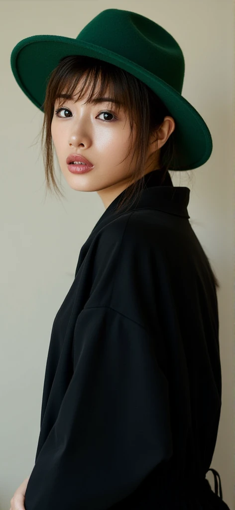 Short haired young woman with good posture wearing a green hat and black clothes