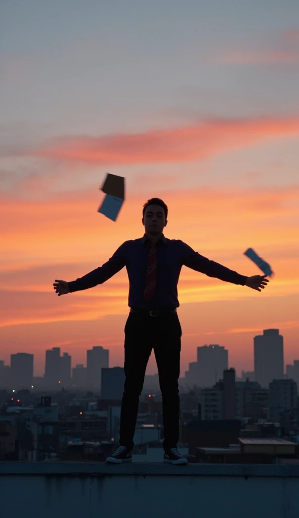 A promotional film image of the song El Último Cheque. A man stands on the edge of the roof of a building at sunset, . The wind moves his tie and the loose papers around him. Below, the cityscape is gray and lifeless, while the skyline glows with vibrant s...