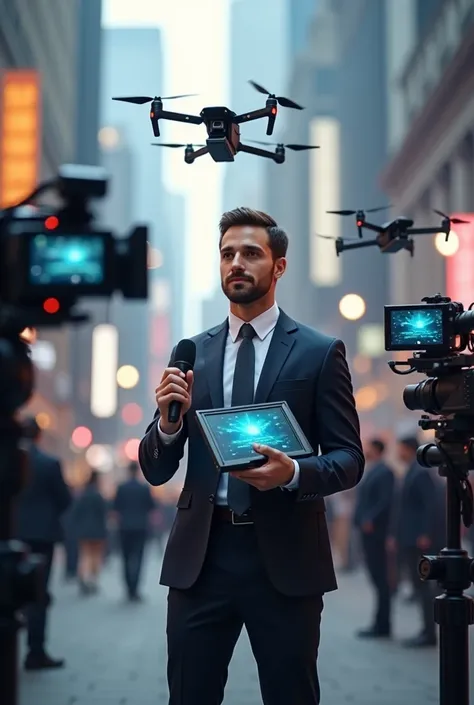 A young executive journalist reporter with a microphone with a digital television screen in his hand and television cameras at his side and an aerial flying Drones device at his side. 