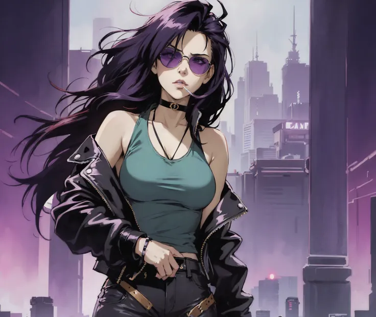 90s dark anime punk girl with aviators and long dark hair. A urban city in the background illuminates her. She wears a leather jacket over a green tank top and a choker necklace. She leans against a pillar with a cigarette in her mouth. There is an overall...