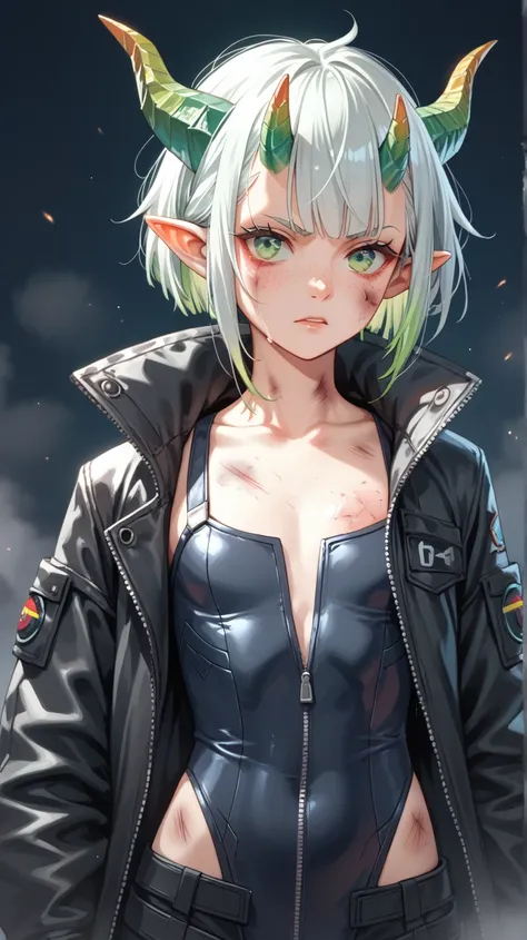 Portrait of an adult dragon girl after a fight, injured and bruised, looking at the camera, messy short white hair with light green highlights, flat chest, wears a big and long black closed cyberpunk coat jacket zipped up with a tight suit undearneath (sma...