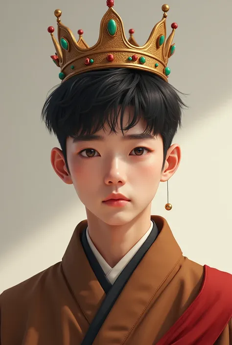 Generate a Korean teenage man in brown Christmas clothes with cropped hair and a crown on his head 