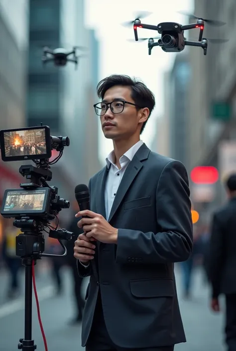 A young executive journalist reporter with a microphone with a digital television screen in his hand and television cameras at his side and an aerial flying Drones device at his side. 