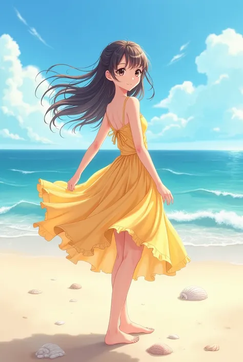  A cute anime-style girl standing on the beach with the ocean on her back 。 she wears a flowing summer dress that flutters in the wind 。 Her hair also flutters gently 、 has a calm expression 。 seashells on the sand and waves in the background 、Add details ...