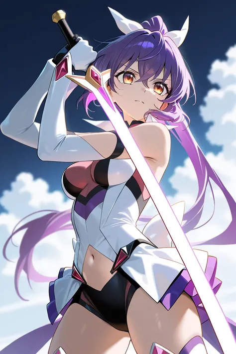 1girl, purple hair, long hair, ponytail, amber eyes, holding sword, magical girl, symphogear, cinematic angle,, (masterpiece), (best quality), perfect composition, no background,