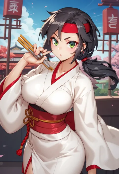 My name is Oyuki, a white woman with long, light black hair and my green eyes I am 1.67 cm tall and my body has a curvy hourglass shape: 120 centimeters breasts, 40 centimeters waist and 180 centimeters hips.Dressed in a traditional white kimono low-cut al...