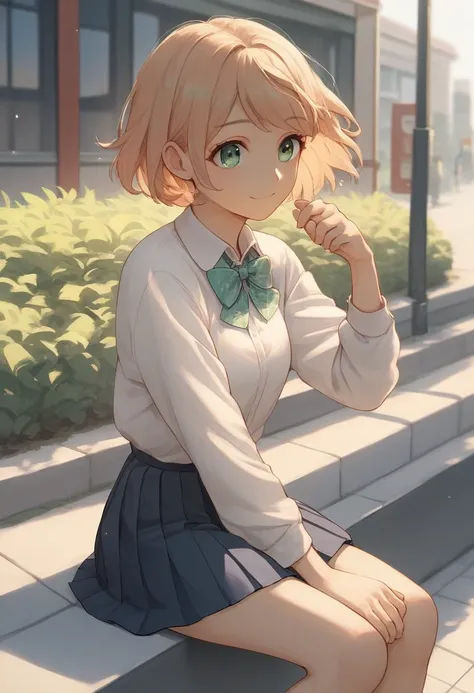 score_9, score_8_up, score_7_up, score_6_up, score_5_up, score_4_up, source_anime,1girl, cute, solo, short hair, floating hair, smile, collared shirt, bowtie, pleated skirt, sidewalk cafe, sitting, dating, beautiful sky, morning, 