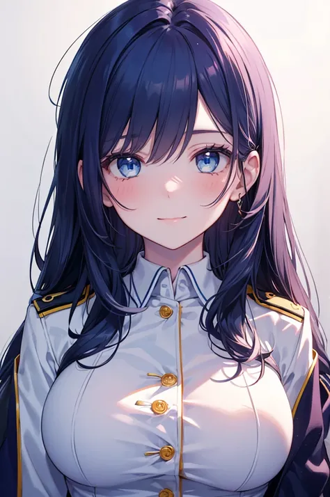 Masterpiece, ((1 girl)), ((Best Quality)), (Ultra-detailed), Highly detailed, (Portrait), ((Big breasts)), ((Long Hair, Dark blue hair, Blue eyes)), ((20-years-old)), ((White Skin)), (Full Blue Military Blazer Outfit, Blue Blazer, Medieval)), (Beautiful sc...