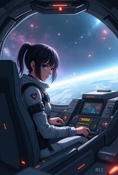  dark short hair,  a cute pilot girl controls a spaceship ,  spectacular character design , complex background, space, dynamics, voltage