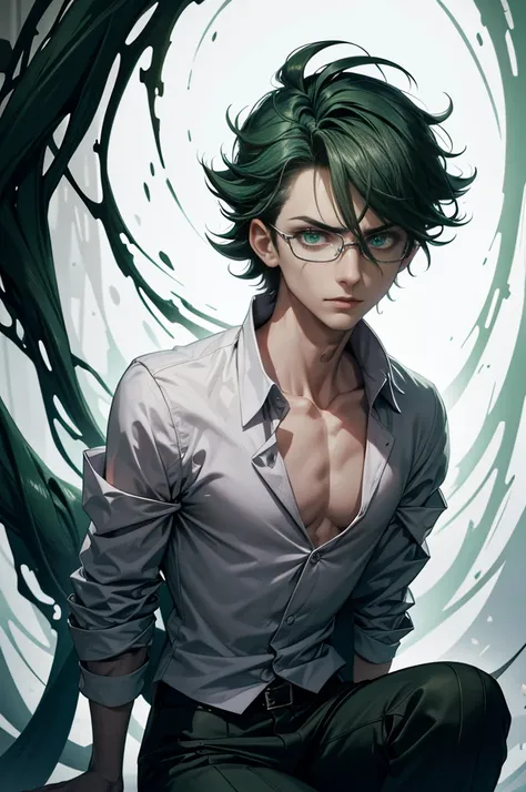 1 man, MALE, MAD SCIENTIST, solo androgynous male, soft delicate features, beautiful, fully clothed in a lab scientist attire, penis bulge, slicked dark green hair, pale, green eyes, glasses, focused expression, in a scary laboratory, blood splatters on fa...