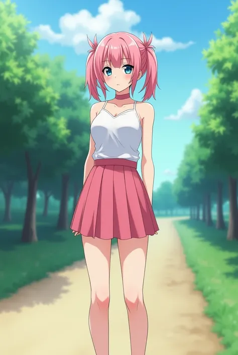 A young man with smooth pale skin, skinny, dyed pink hair tied in pigtails, wearing a short white womans top (no breasts) and pink skirt and heels, standing outside in a park, in full view in a highly detailed anime style