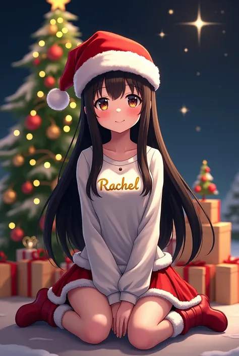  sitting with long black hair wearing Christmas hat with white flannel with the name Rachel on her chest in gold with red skirt of Santa Claus with red boots with white of saint sitting crossed legs with a Christmas tree behind with bright lights and gifts...