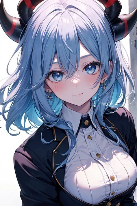 Masterpiece, ((1 girl)), ((Best Quality)), (Ultra-detailed), Highly detailed, (Portrait), ((Big breasts)), ((Long Hair, Blue hair, Blue eyes, Oni hhorn)), ((20-years-old)), ((White Skin)), (Full Blue Military Blazer Outfit, Blue Blazer, Medieval)), (Beauti...