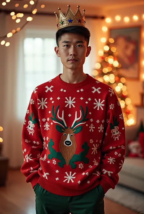 Generate an Asian Tumblr man in Christmas clothes with cropped hair and a crown on his head 