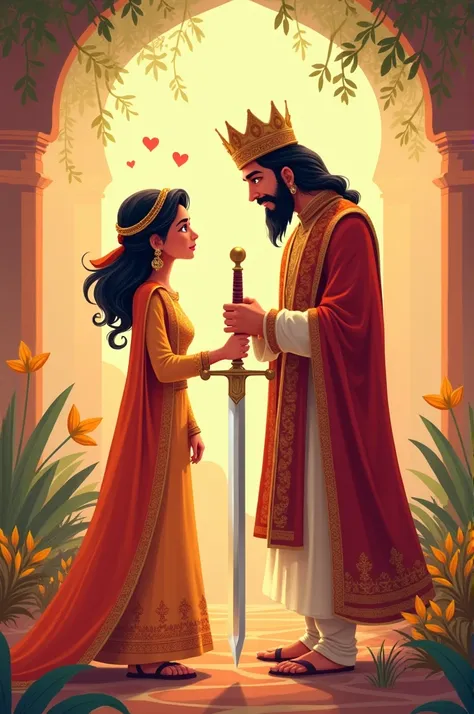 A poor girl in her 20s is standing silently in a shalwar kameez and a king is standing in front of her with a crown on his head and a sword in his hand and both are in love with each other and both are looking happy Indian Cartoon