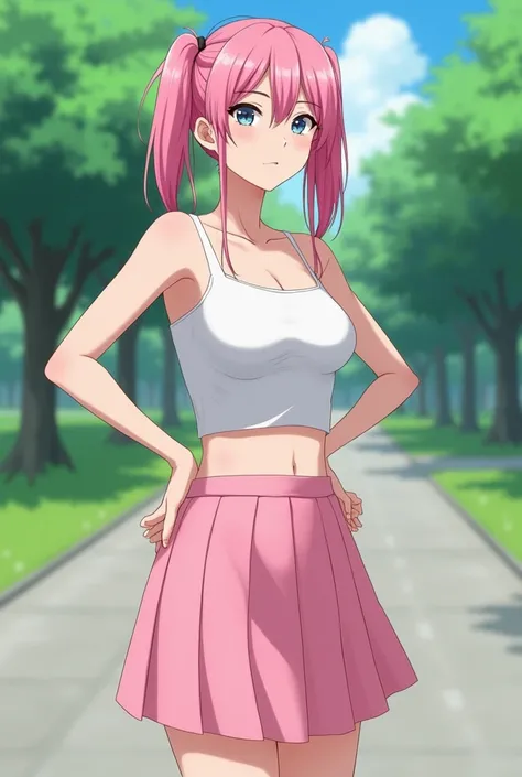 A young man with smooth pale skin, skinny, dyed pink hair tied in pigtails, he is cross dressing, wearing a short white womans top (completely flat chest) and pink skirt and heels, standing outside in a park, in full view in a highly detailed anime style