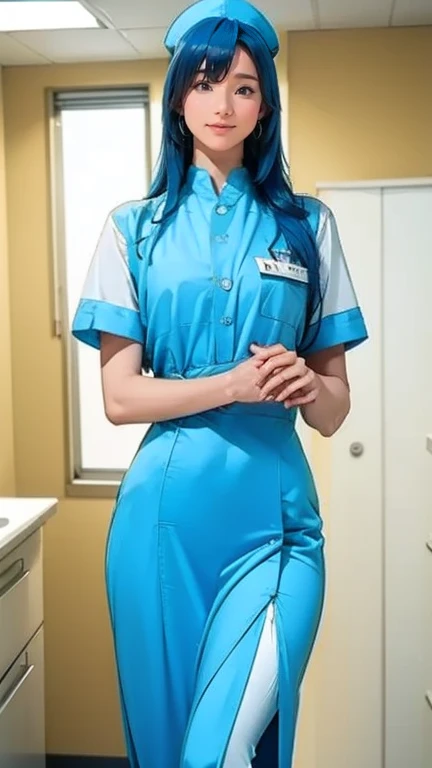  there are nurses in rainbow-colored nurse uniforms in the hospital、 beautiful,  long legs  、 Long Blue Hair 、   thin waist、   blue stockings   、Smiling and kind  