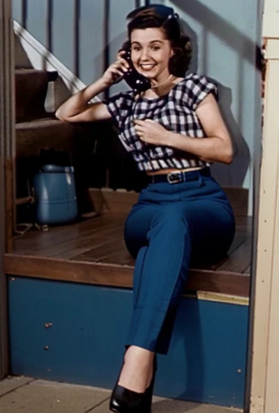 arafed woman sitting on a step talking on a cell phone, nude, legs spread, pussy, relaxed, 50s style infomercial, 1 9 5 0 s style, smile 1950s, 50s style, 5 0 s style, girl making a phone call, early screen test, retro 5 0 s style, vintage footage, cellpho...