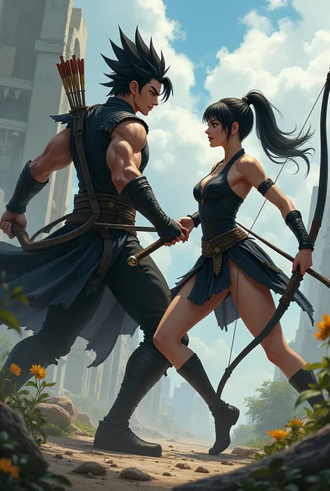  Image of a young and manly man with very tall black hair with green eyes with a sword in his hand handsome with a black dress attached to the body of a fighter and a pretty woman with black hair tied up in a tall ponytail,  blue eyes with a bow and arrows...