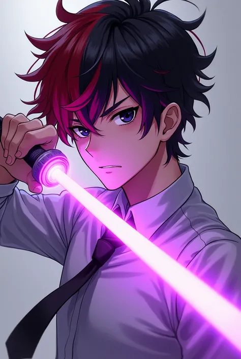 Anime Draw Handsome Guy Teen Hair Red Black,left eye black color , white shirt shirt , black tie , wielding a purple electric sword 