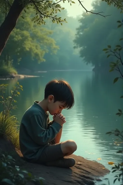 A boy sitting in a river side with broken heart 