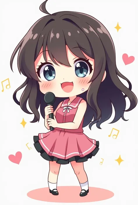 Imagine a smiling female chibi with black hair holding a microphone. Whole body.