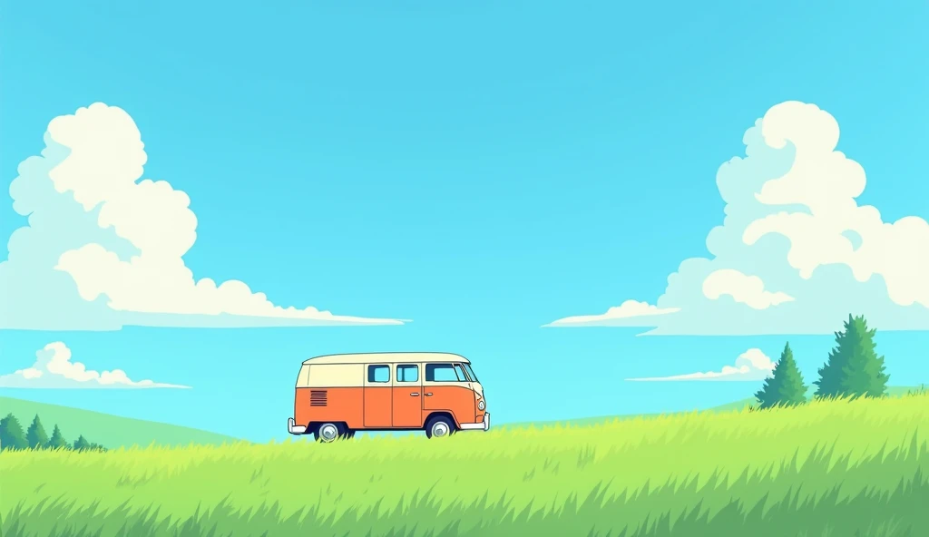 (minimalismo:1.4), a minibus on the road, German from, ghibli studio art, Miyazaki, pasture with blue sky and white clouds