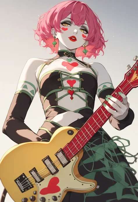 (guitarist:1.3)( Beauty:1.2)(  Japanese:1.3)(Beauty:1.4)(  white skin:1.4)(Red lipstick:1.2)(Bright pink hair :1.5)(bangs)(  Black Eyeshadow  )(yellow guitar  :1.5)(  guitar with lots of red heart marks :1.4)( green enamel costume  :1.3)( black tribal cost...