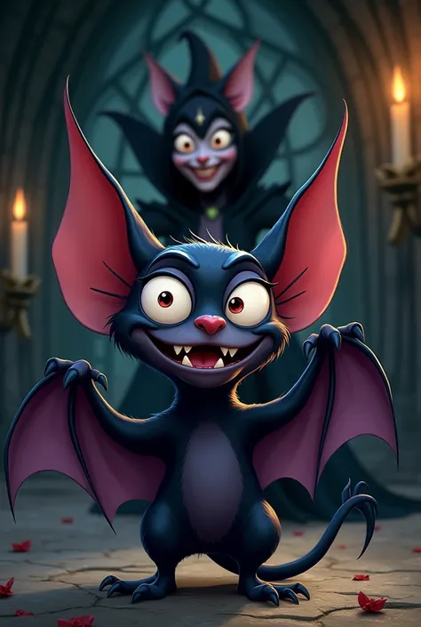 A cute and evil bat who is sidekick of an evil female Disney villain (make it 2D, use old Disney drawing style)