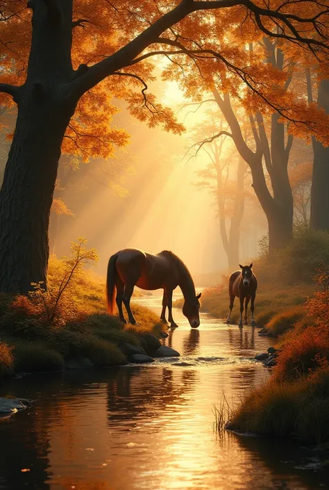 The image captures an idyllic forest scene thats bathed in a warm, golden light, creating a serene and almost magical atmosphere. The sunlight filters through the dense canopy of trees, casting a soft, glowing light on the autumn leaves and the gently flow...