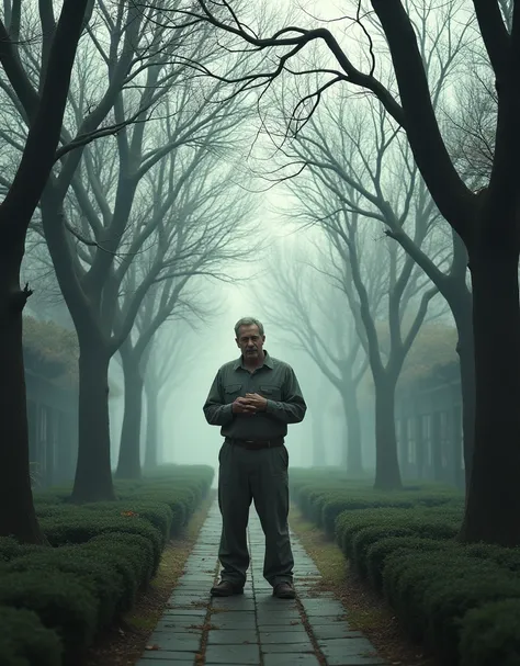 The man reaching the edge of the garden, standing under barren trees, looking around in confusion and worry