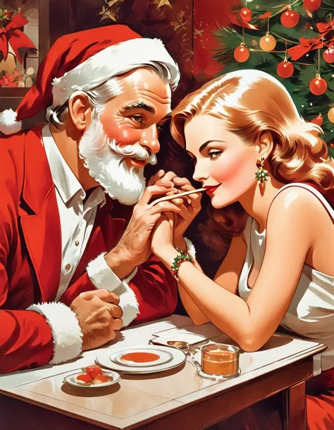 Close-up of Santa Claus and a woman sitting opposite each other at a table, intimacy, Intimate closeness, Chic colors. vector Art, Christmas Background, Stamp Art. Inspired by Jan Zrzavý art, by Robert Peak, by Leonard Long, by Paul Mavrides. Retro vibes d...