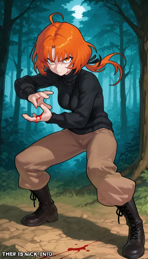 (zPDXL2), (PonyXLV6_Scores), rating_explicit, Expressiveh, full body shot, BREAK
lhata4564, d3t41l3d, 
Girl with long orange hair and bangs,eyes are completely white. She is wearing a black sweater., brown pants and black boots.. She holds two daggers in h...