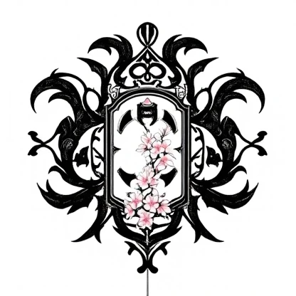 Royal family crest, black color with sakura in middle, royal crest, unique, white background